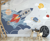 Rocket to Space over Earth Nursery Wallpaper