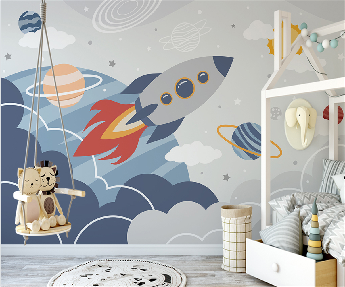 Rocket to Space over Earth Nursery Wallpaper