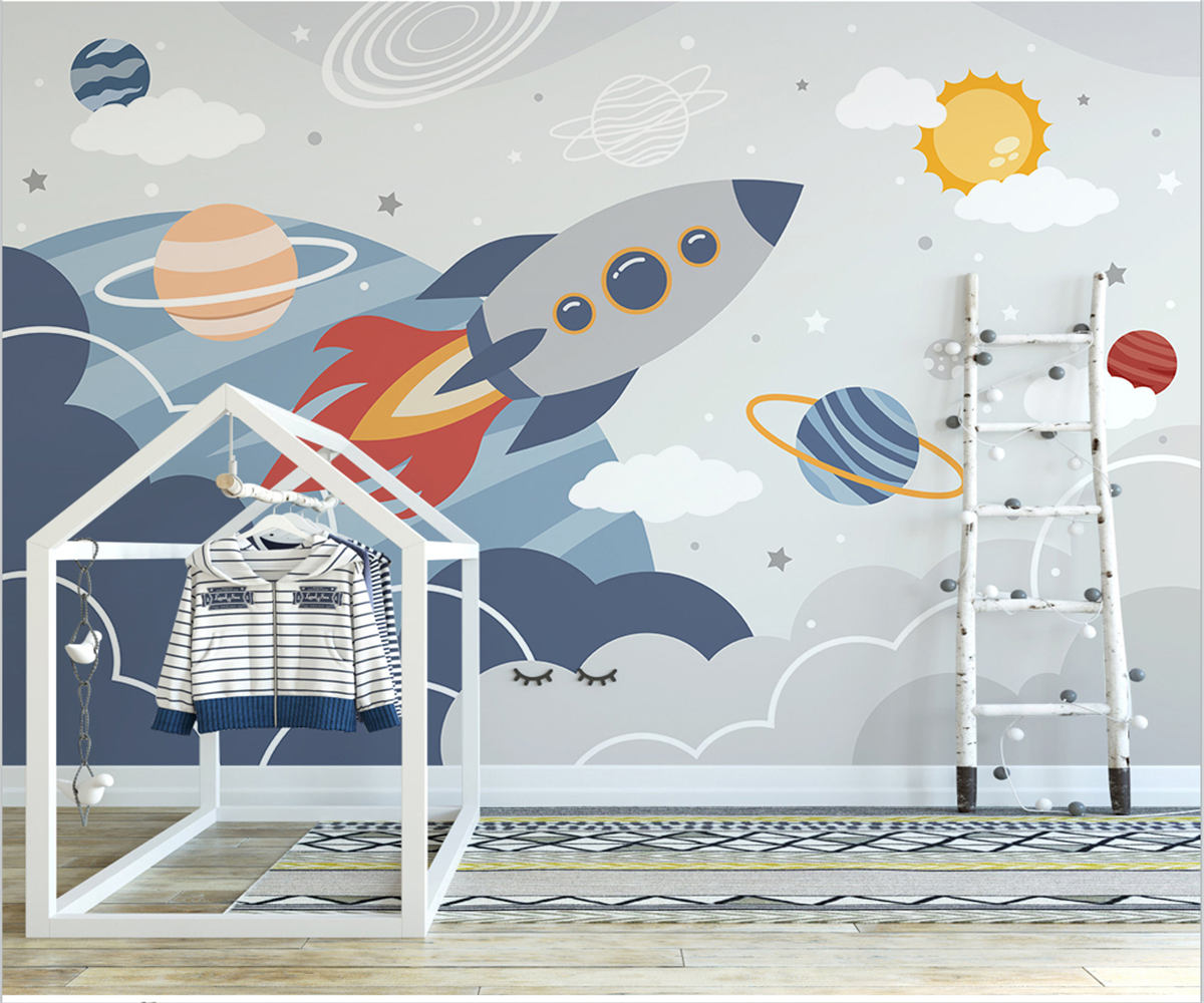 Rocket to Space over Earth Nursery Wallpaper