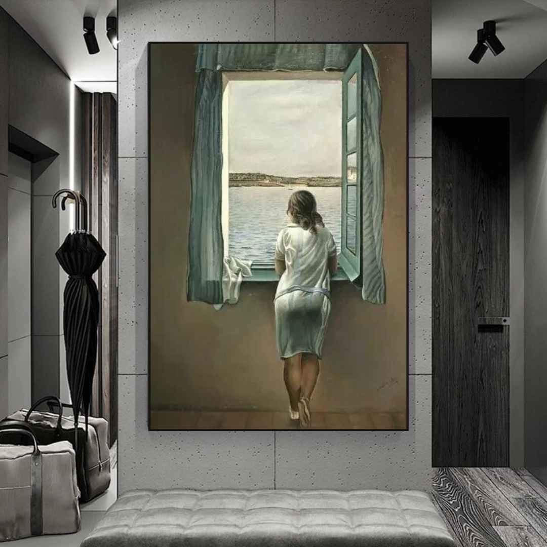 Salvador Dalis junge Frau am Fenster-Leinwandbild bringt surreale Schönheit in Ihren Raum