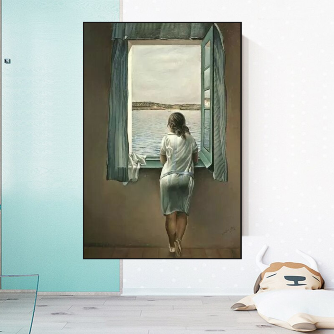 Salvador Dalis junge Frau am Fenster-Leinwandbild bringt surreale Schönheit in Ihren Raum