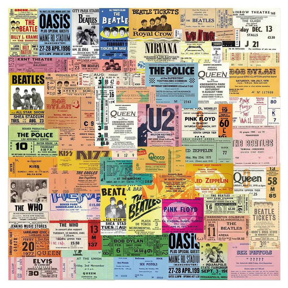 Retro Rock Band Tickets Stickers Pack | Famous Bundle Stickers | Waterproof Bundle Stickers