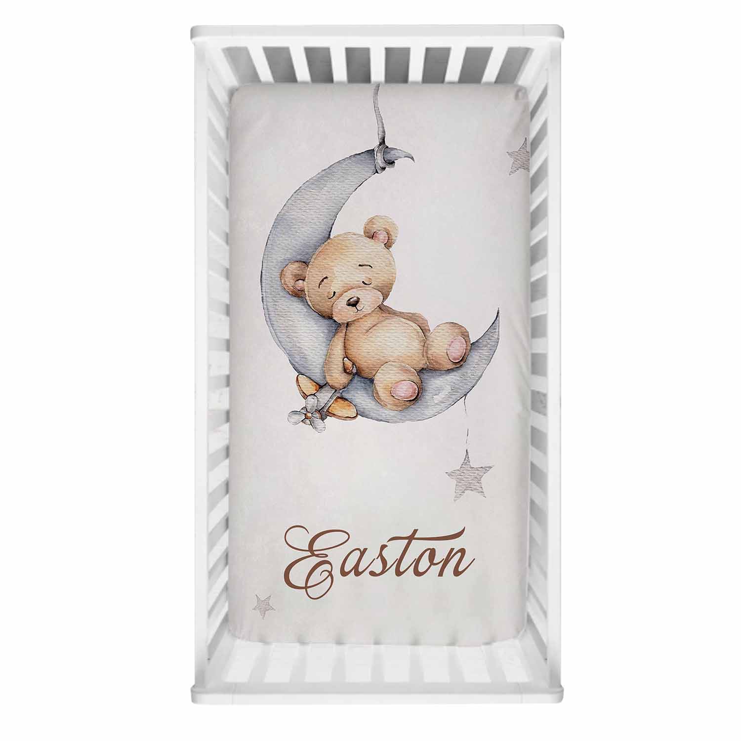 Sleepy Bear on Moon Baby Name Cot Bedding Set | Baby Shower Gift Bedding Set