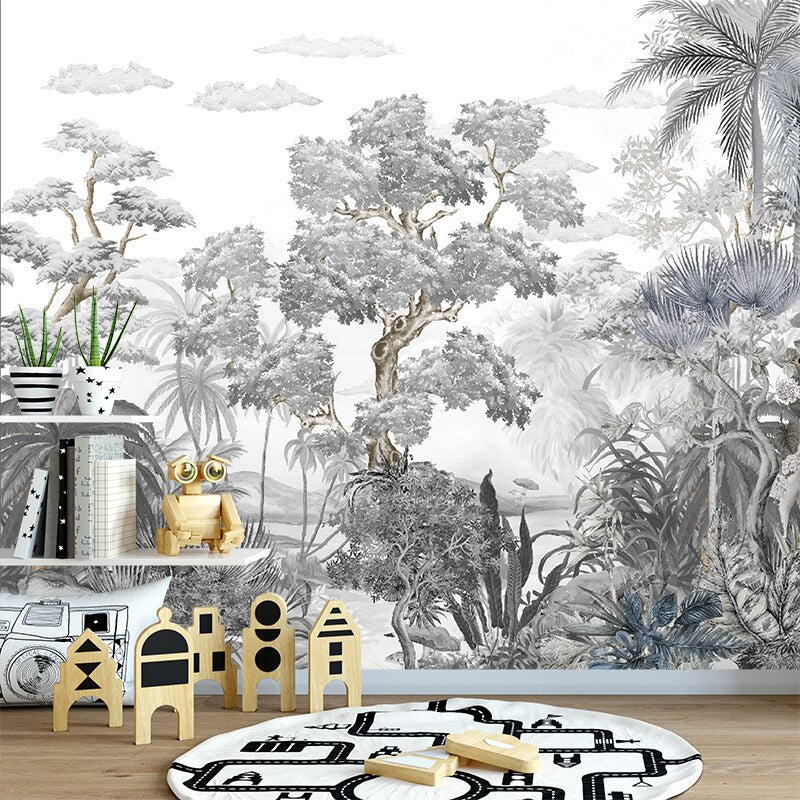 Sophisticated Monochrome Jungle Mural Wallpaper