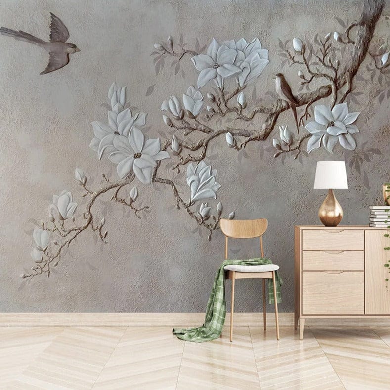 Papier Peint Branche d'Arbre avec Fleurs Blanches - Nature Prints