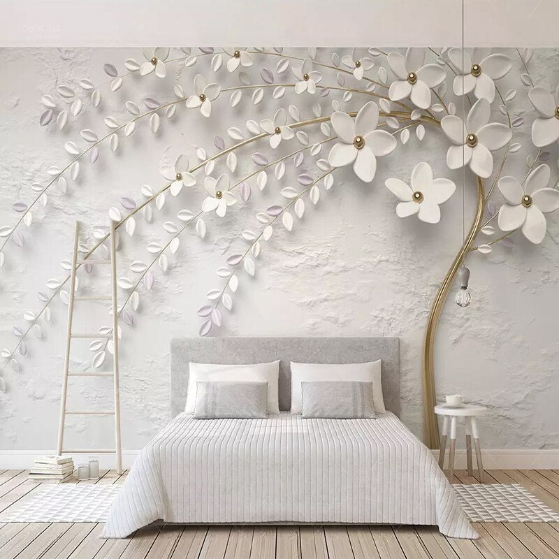 Tree with White Flowers Scenery Wallpaper for Home Wall Decor