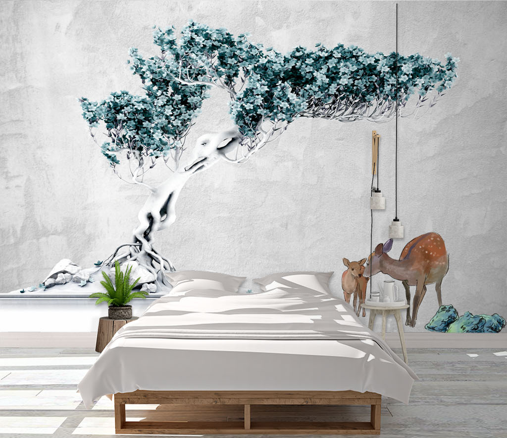 Papier peint mural arbre 3D turquoise - Designs muraux exquis