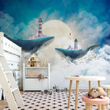 Whales Lighthouse Sky Blue White Clouds Wallpaper for Home Wall Decor