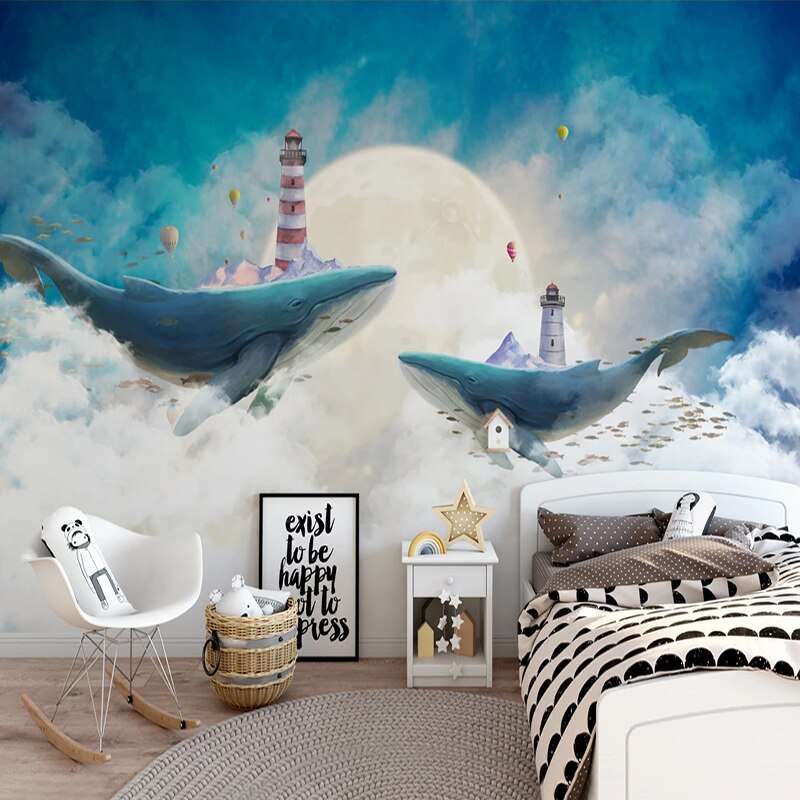 Whales Lighthouse Sky Blue White Clouds Wallpaper for Home Wall Decor