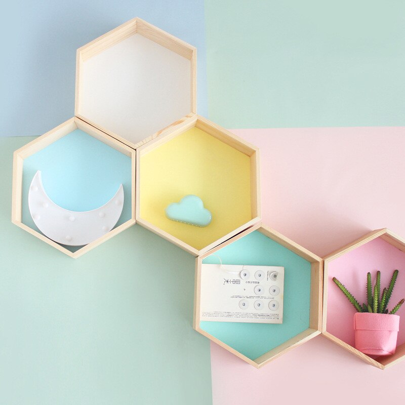 Wooden Wall Shelves Stylish Hexagon Designs for Baby Room