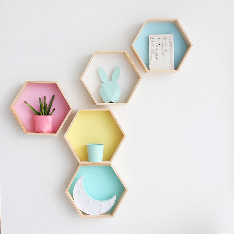 Wooden Wall Shelves Stylish Hexagon Designs for Baby Room